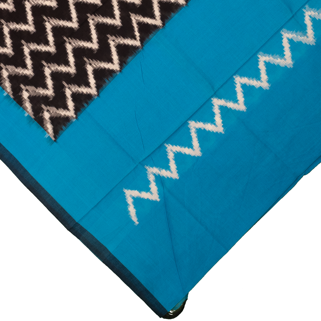 Cyan Blue & Coal Black Zigzag Pochampally Single Ikat Cotton Dupatta