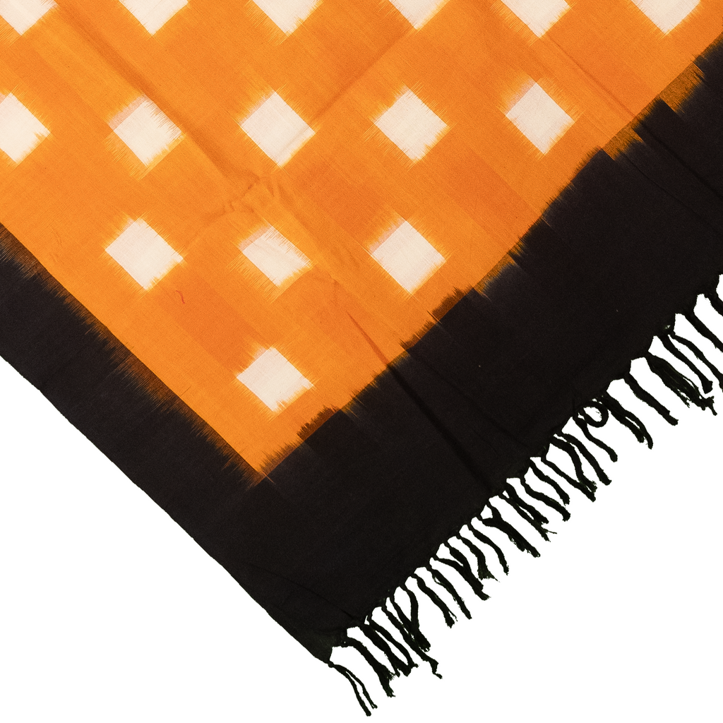 Saffron Orange & Jet Black Grid Geometric Pochampally Single Ikat Cotton Dupatta