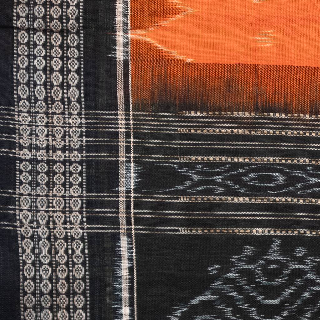 Saffron Orange & Jet Black Traditional Sambalpuri Single Ikat Cotton Dupatta