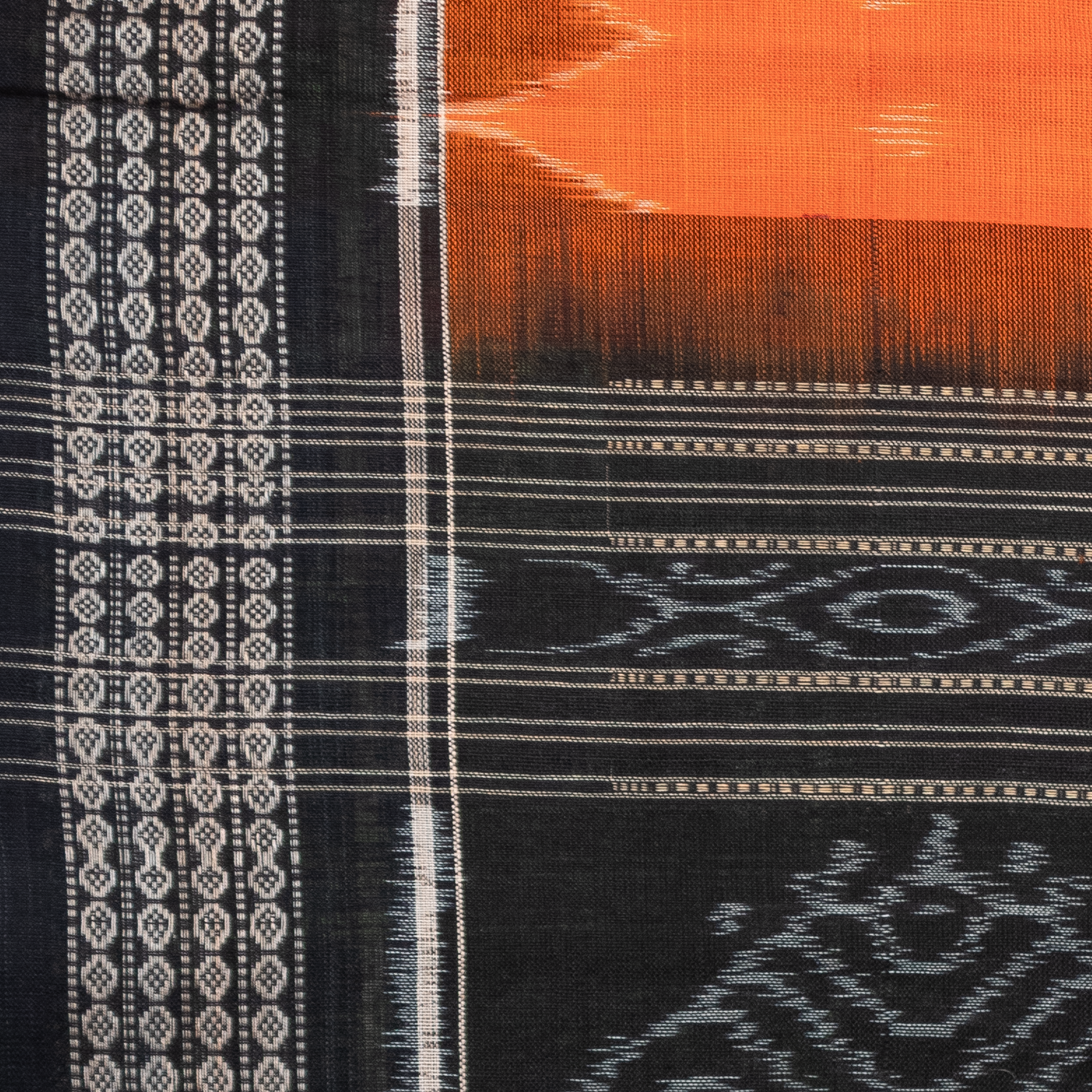 Saffron Orange & Jet Black Traditional Sambalpuri Single Ikat Cotton Dupatta