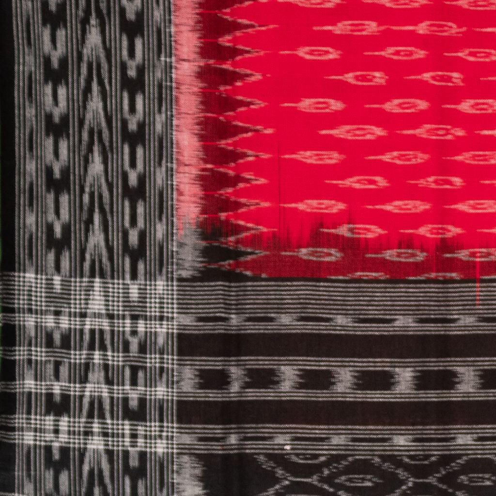 Crimson Red & Coal Black Traditional Sambalpuri Single Ikat Cotton Dupatta