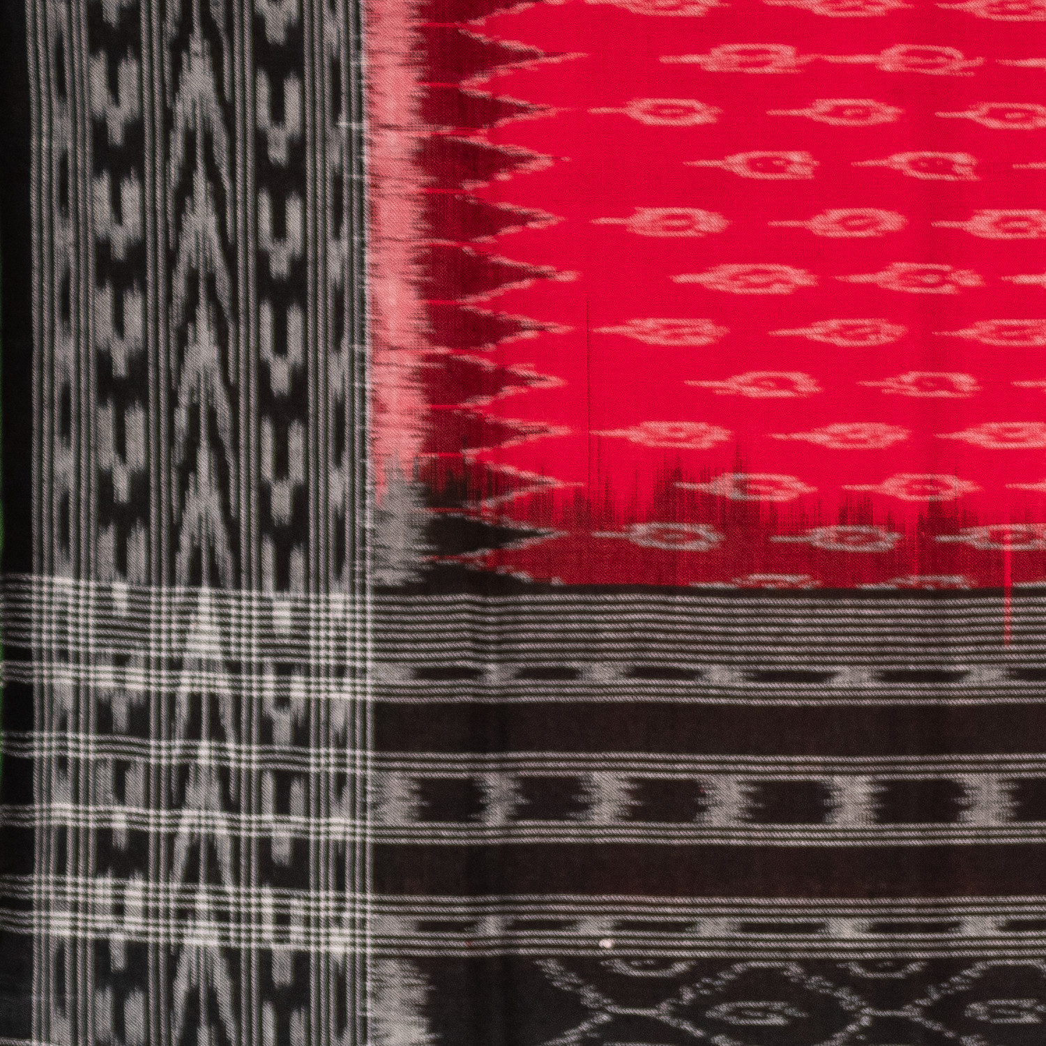 Crimson Red & Coal Black Traditional Sambalpuri Single Ikat Cotton Dupatta
