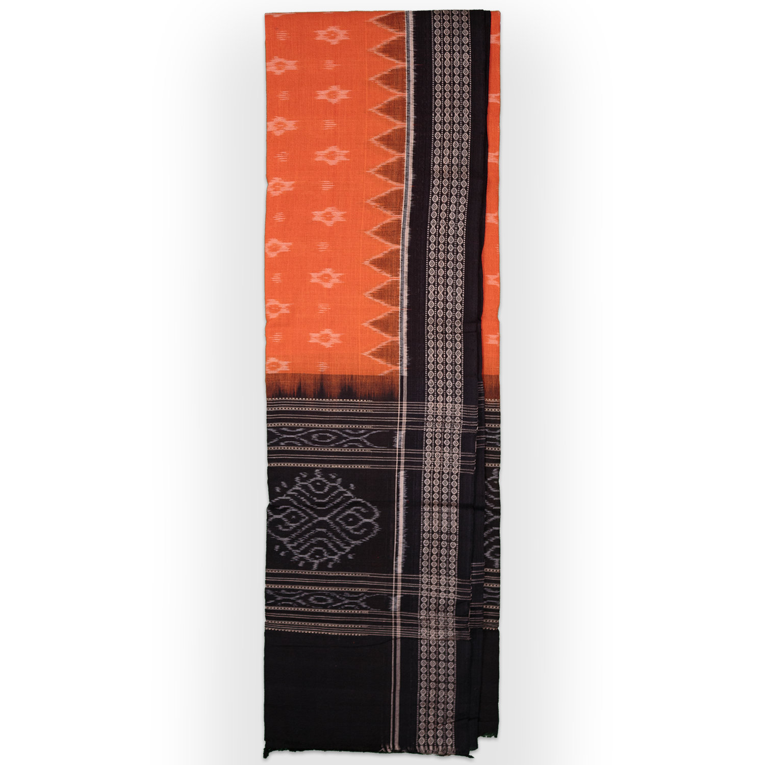 Saffron Orange & Jet Black Traditional Sambalpuri Single Ikat Cotton Dupatta