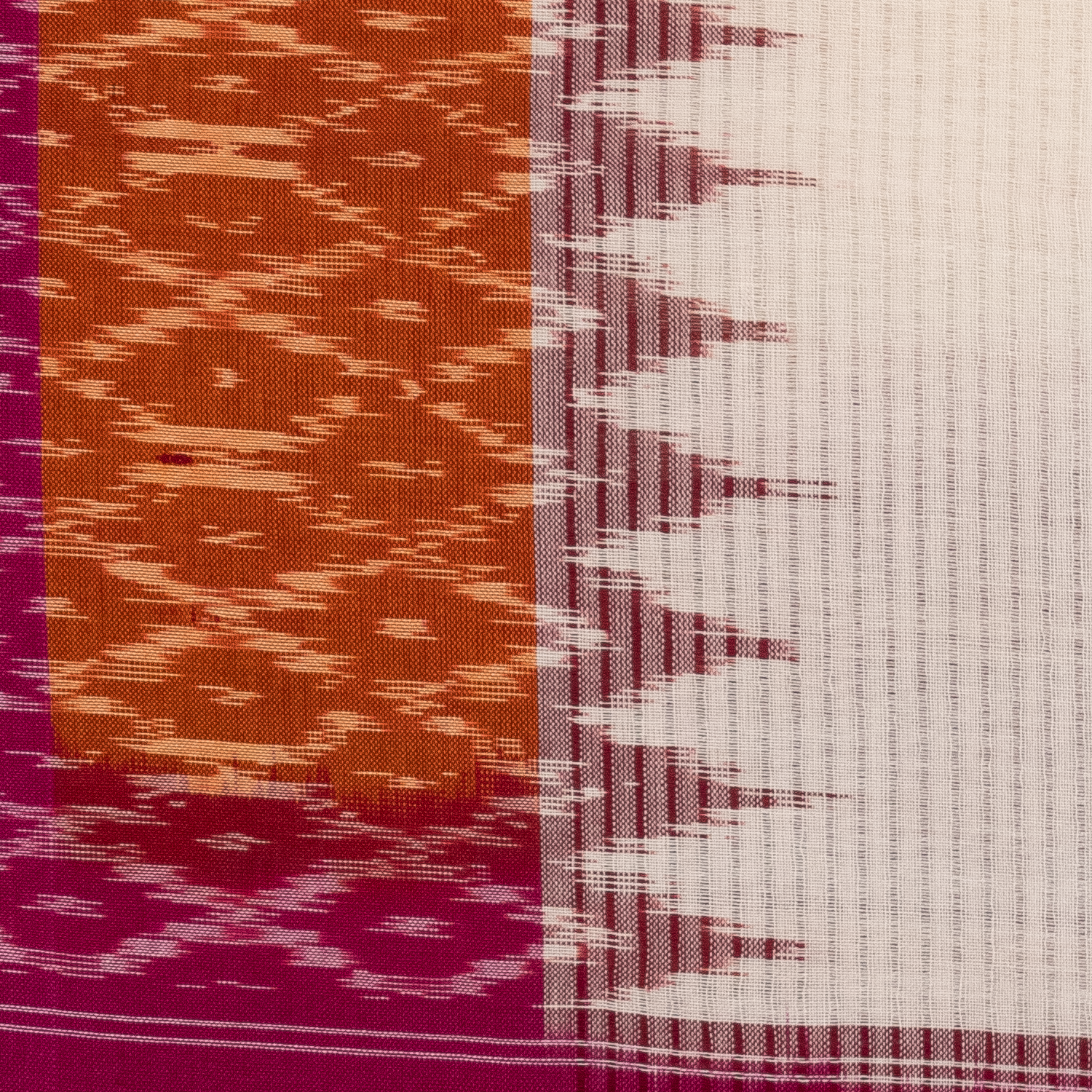 Ivory & Wine Red Temple Border Geometric Pochampally Single Ikat Cotton Dupatta
