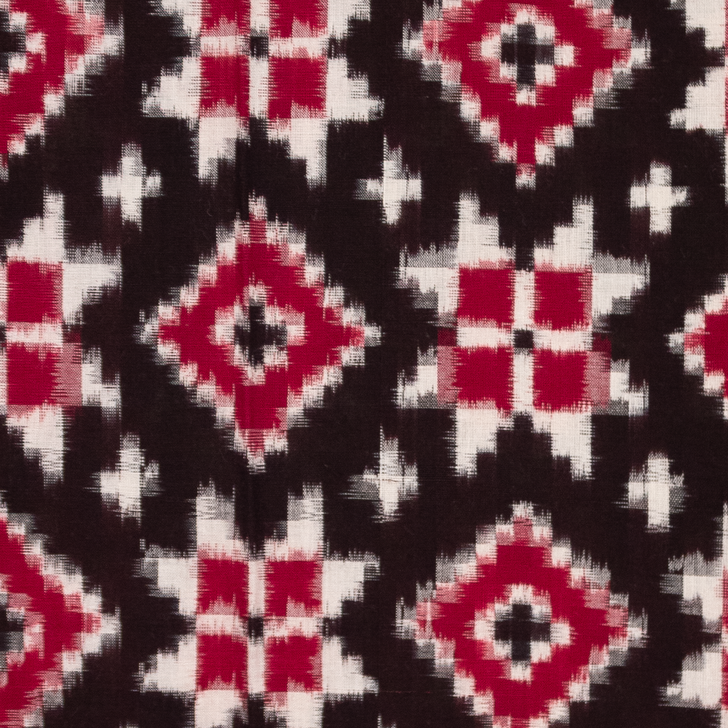 Crimson Red & Charcoal Black Geometric Telia Rumal Double Ikat Cotton Dupatta