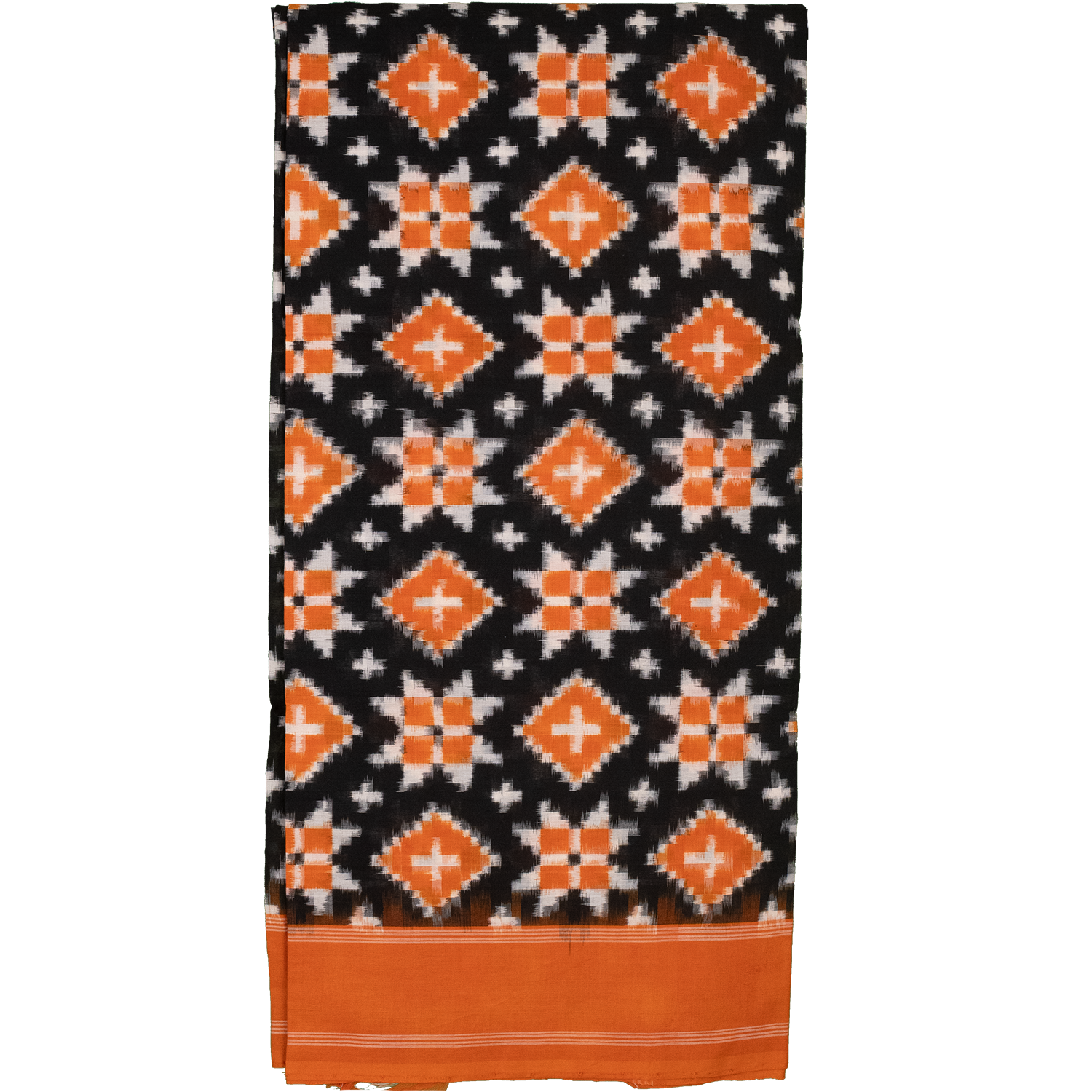 Jet Black & Tangerine Orange Geometric Pasapalli Sambalpuri Double Ikat Cotton Dupatta