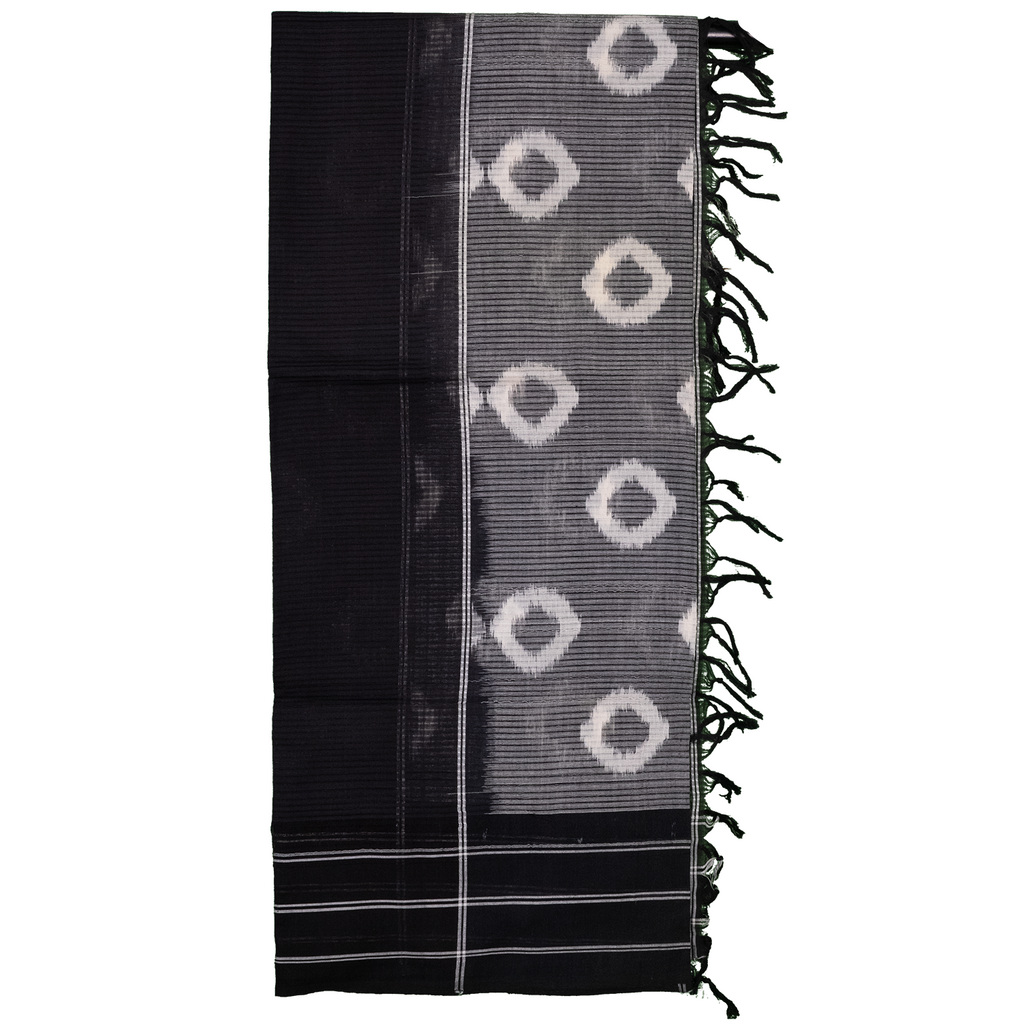Jet Black & Pristine White Geometric Sambalpuri Single Ikat Cotton Dupatta