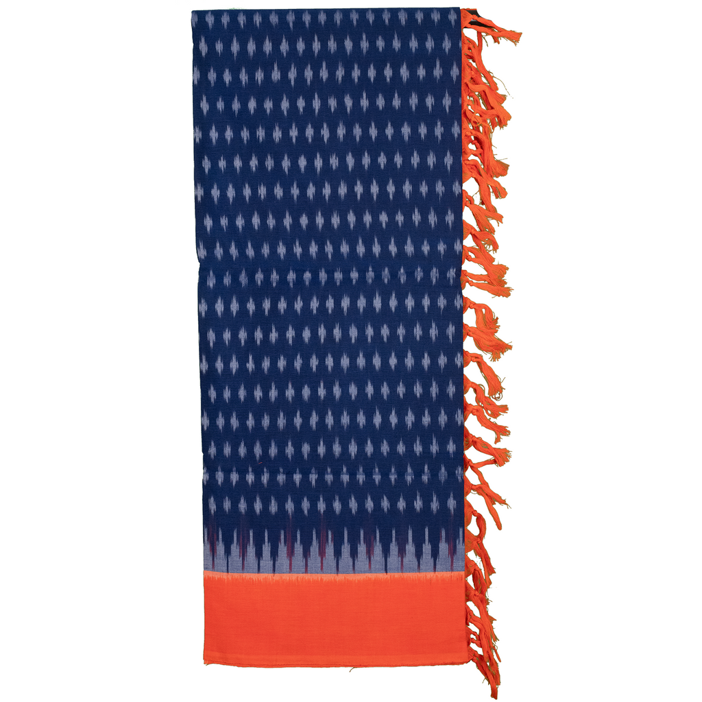 Navy Blue & Bright Orange Geometric Pochampally Single Ikat Cotton Dupatta