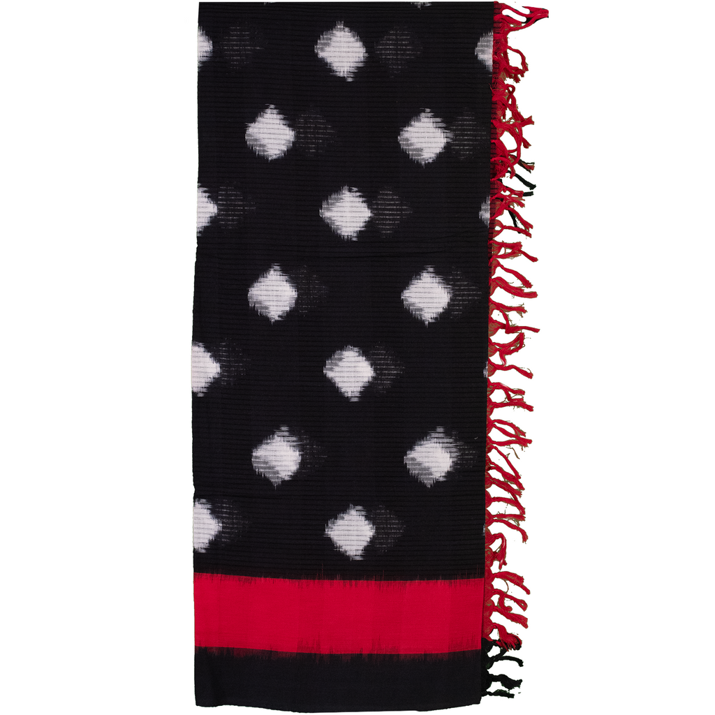 Jet Black & Crimson Red Geometric Diamond Sambalpuri Single Ikat Cotton Dupatta