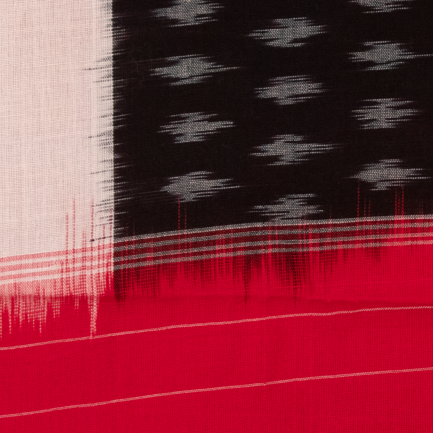 Jet Black & Cherry Red Star Geometric Sambalpuri Single Ikat Cotton Dupatta