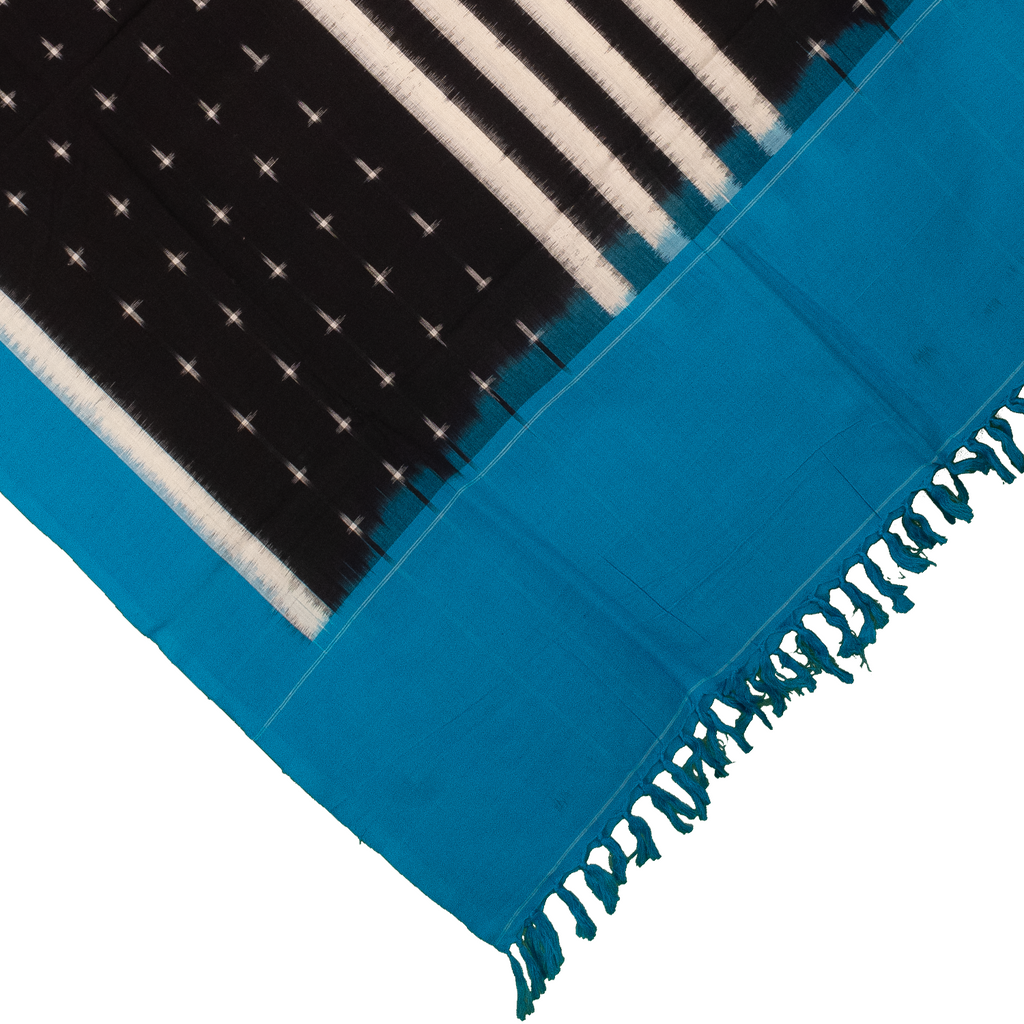 Jet Black & Peacock Blue Geometric Sambalpuri Single Ikat Cotton Dupatta