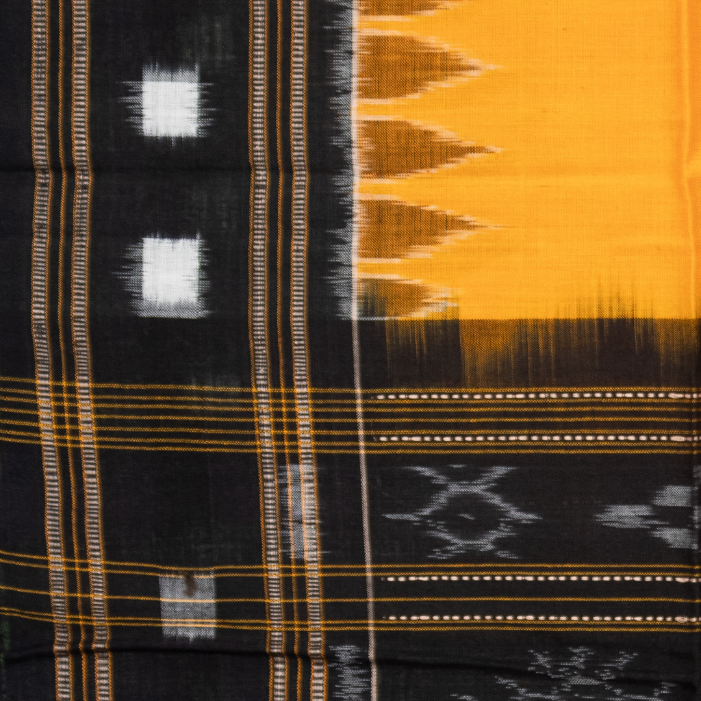 Mango Yellow & Jet Black Temple Border Sambalpuri Single Ikat Cotton Dupatta