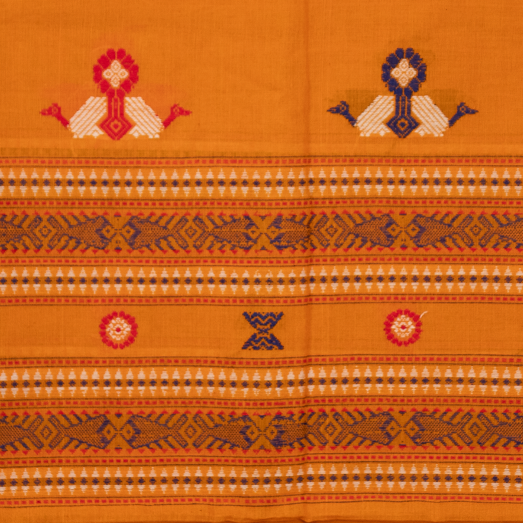 Mustard Yellow & Purple Fish Motif Sambalpuri Single Ikat Cotton Dupatta
