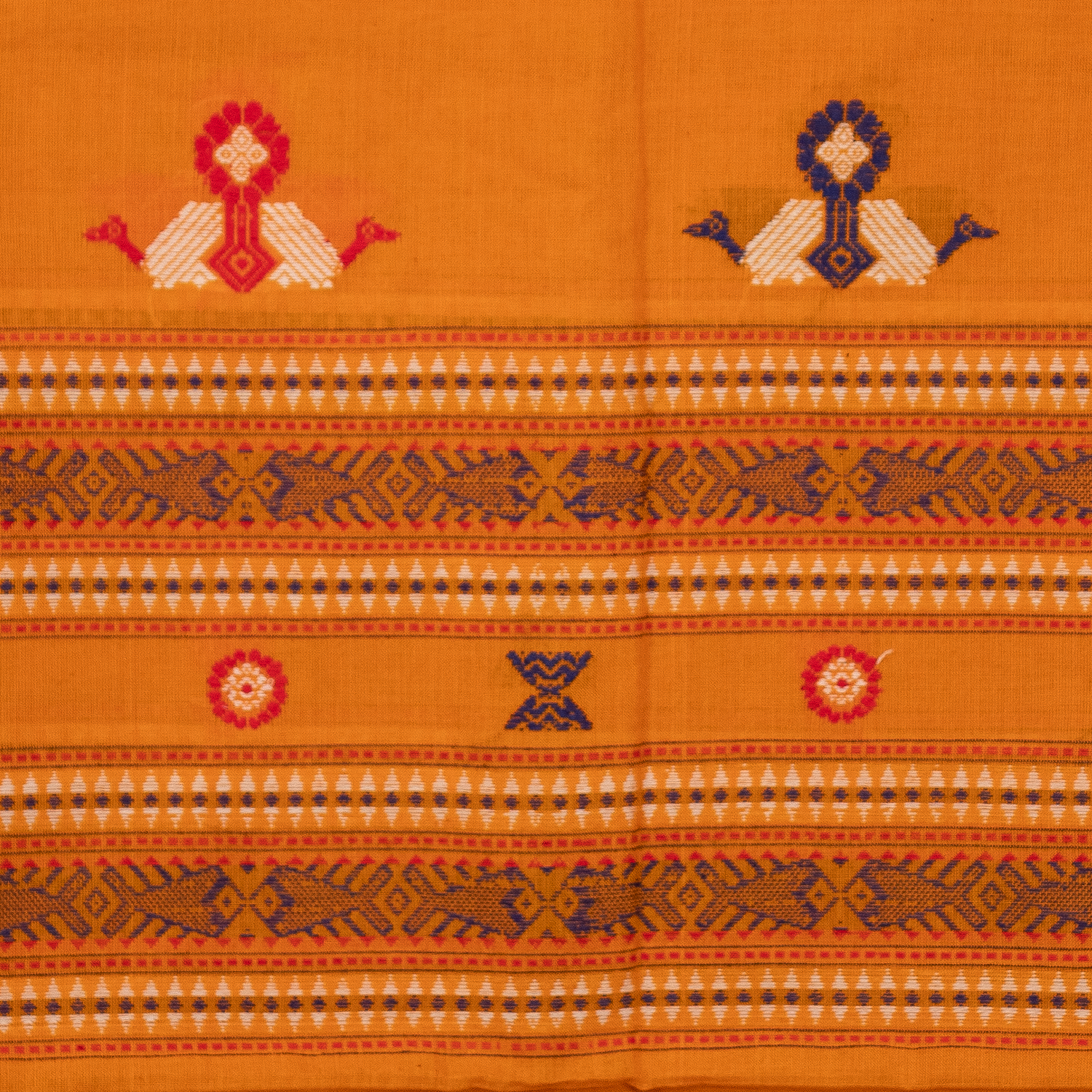 Mustard Yellow & Purple Fish Motif Sambalpuri Single Ikat Cotton Dupatta