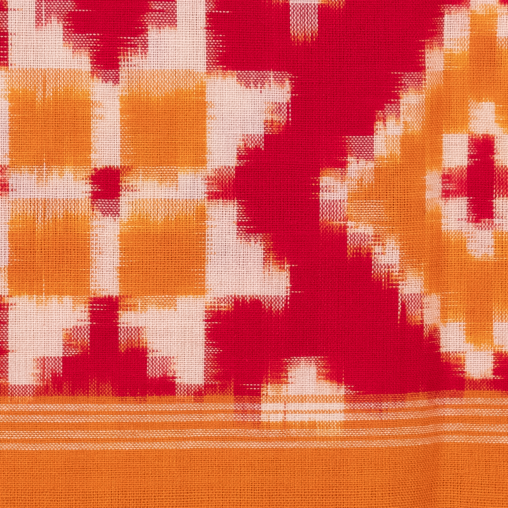 Crimson Red & Golden Orange Geometric Pochampally Double Ikat Cotton Dupatta