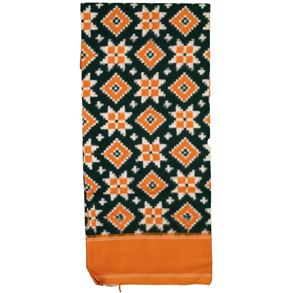 Mustard Yellow & Forest Green Geometric Sambalpuri Single Ikat Cotton Dupatta