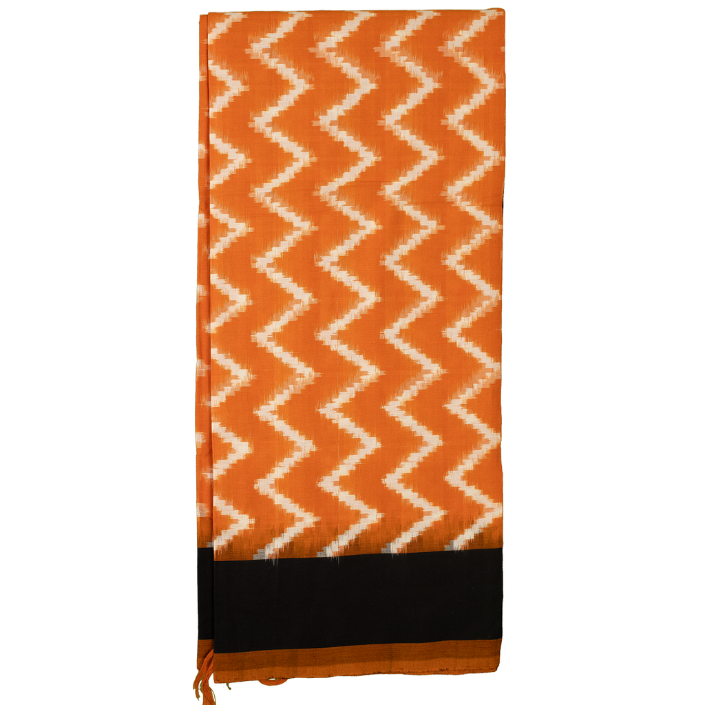 Pumpkin Orange & Coal Black Zigzag Pochampally Single Ikat Cotton Dupatta