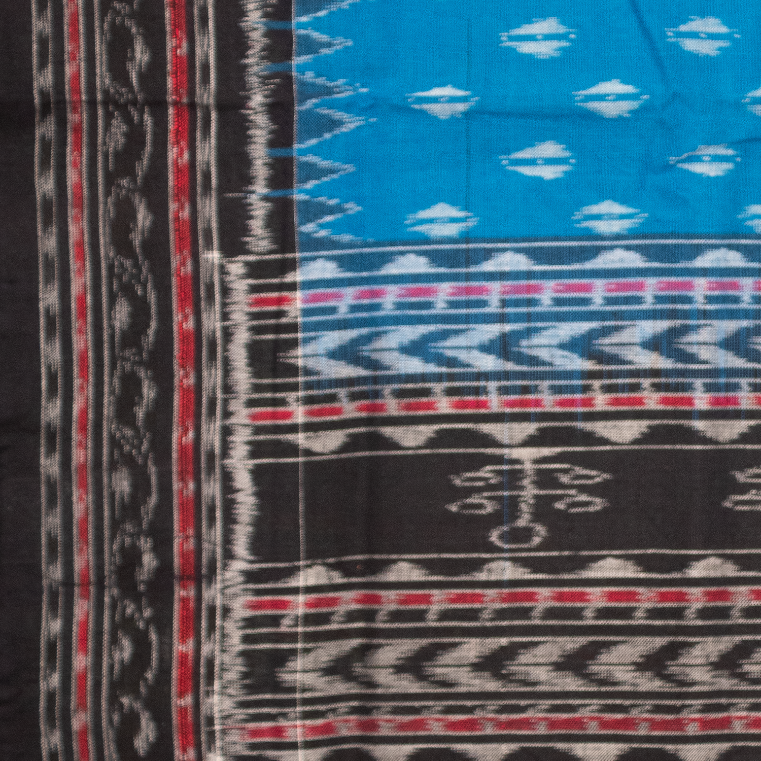 Cerulean Blue & Jet Black Geometric Sambalpuri Single Ikat Cotton Dupatta