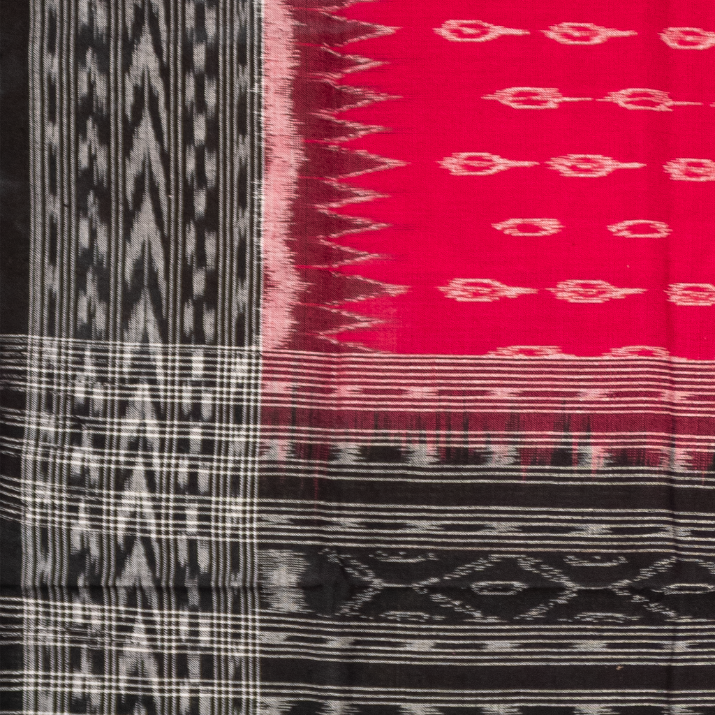 Magenta Pink & Raven Black Traditional Geometric Sambalpuri Double Ikat Cotton Dupatta