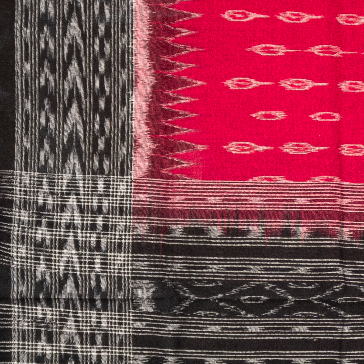 Magenta Pink & Raven Black Traditional Geometric Sambalpuri Double Ikat Cotton Dupatta