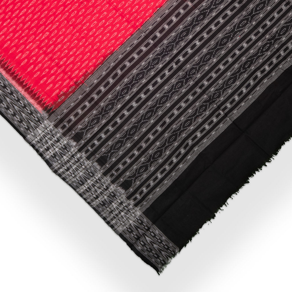 Ruby Red & Charcoal Black Traditional Pochampally Single Ikat Cotton Dupatta