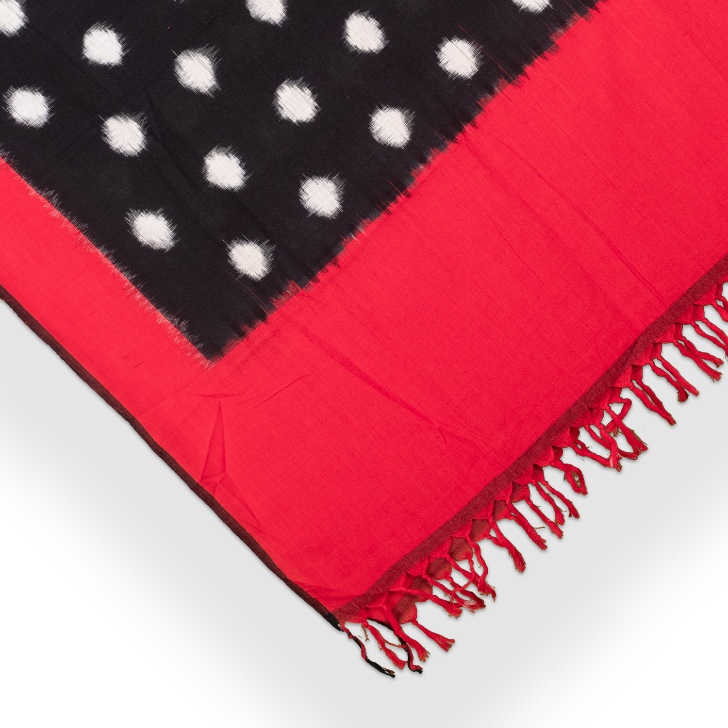 Jet Black & Crimson Red Polka Dot Pochampally Double Ikat Cotton Dupatta