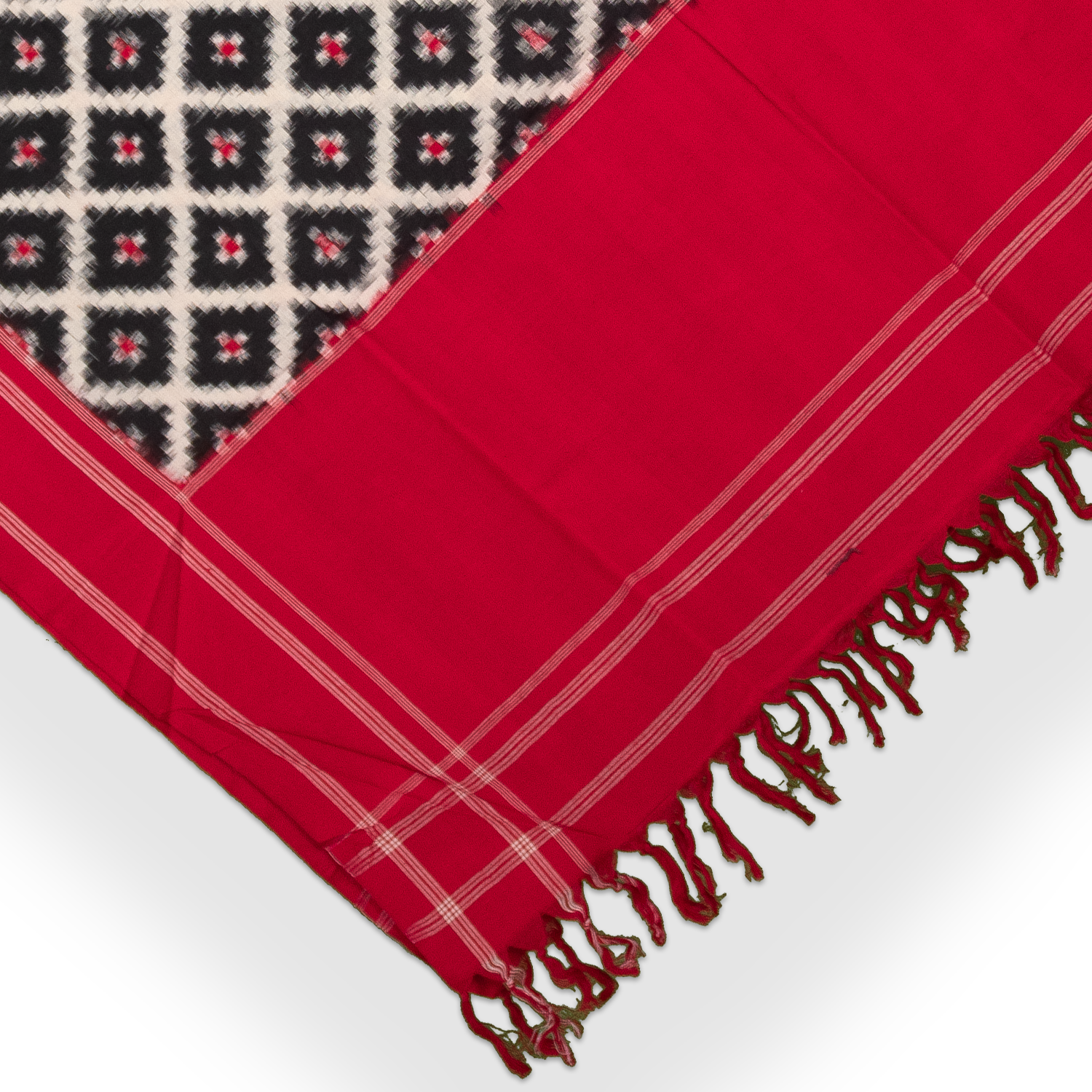Crimson Red & Coal Black Geometric Grid Telia Rumal Double Ikat Cotton Dupatta