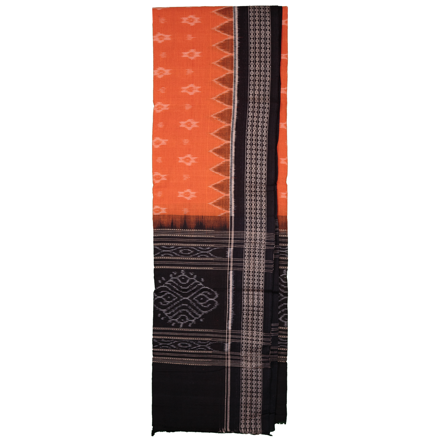 Saffron Orange & Jet Black Traditional Sambalpuri Single Ikat Cotton Dupatta