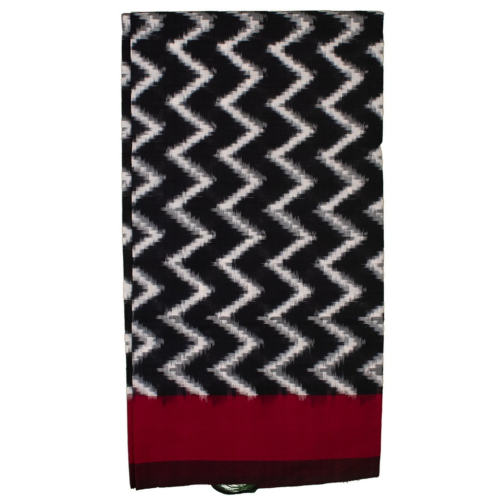 Crimson Red & Charcoal Black Zigzag Geometric Sambalpuri Single Ikat Cotton Dupatta