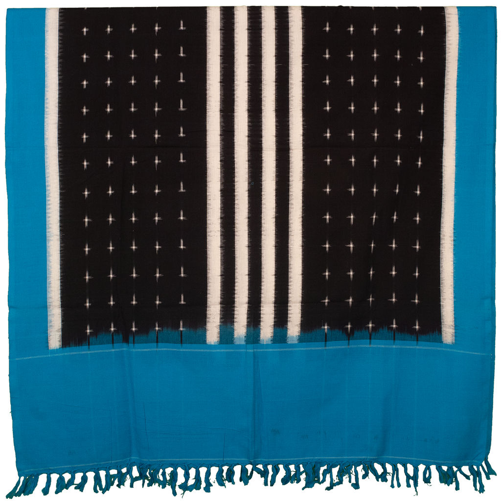 Jet Black & Peacock Blue Geometric Sambalpuri Single Ikat Cotton Dupatta