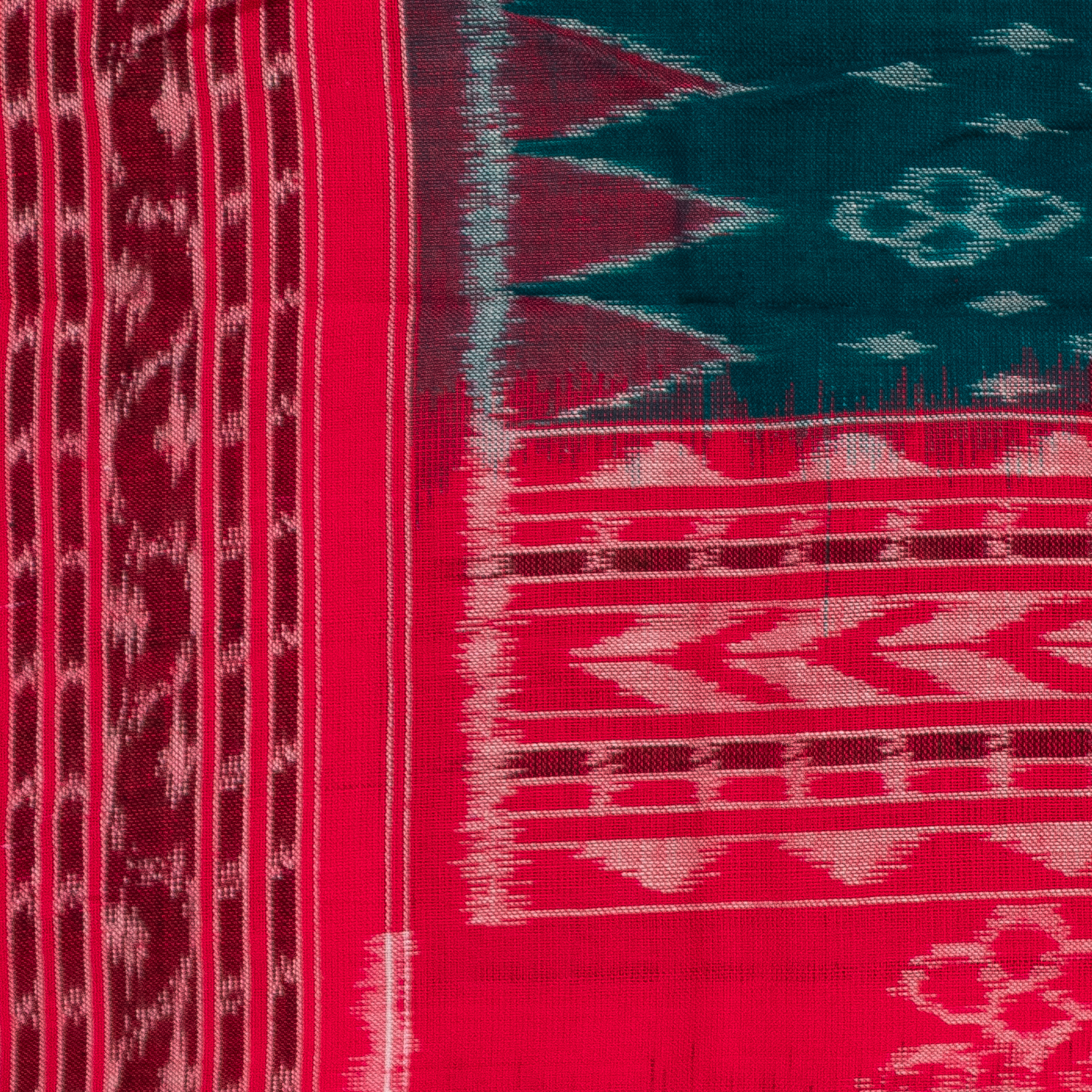 Teal Green & Ruby Red Floral Sambalpuri Single Ikat Cotton Dupatta