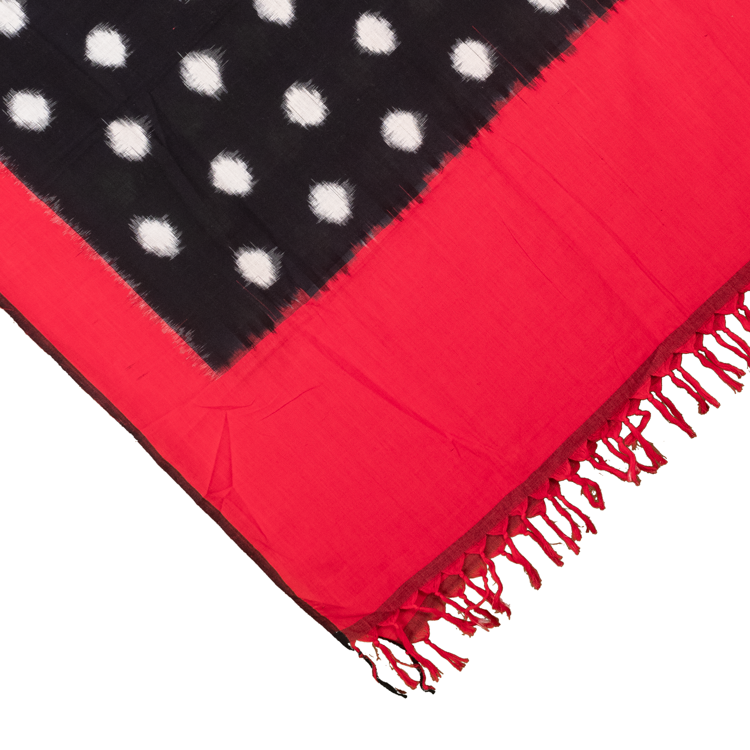 Jet Black & Crimson Red Polka Dot Pochampally Double Ikat Cotton Dupatta