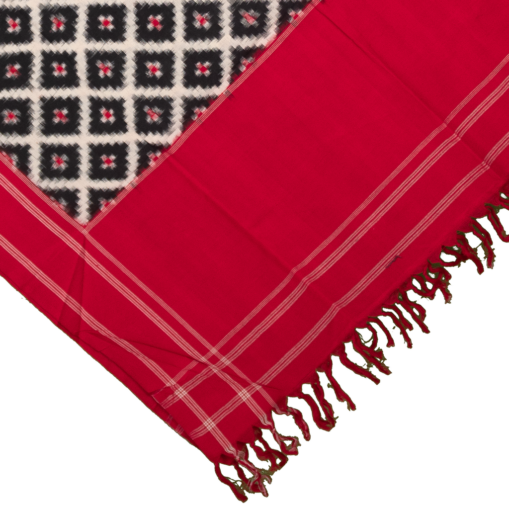 Crimson Red & Coal Black Geometric Grid Telia Rumal Double Ikat Cotton Dupatta