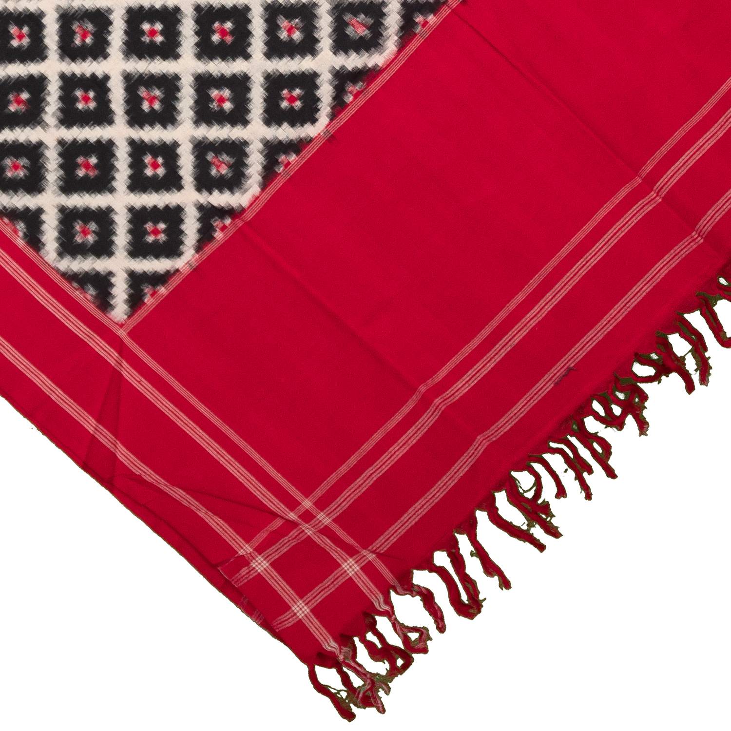 Crimson Red & Coal Black Geometric Grid Telia Rumal Double Ikat Cotton Dupatta