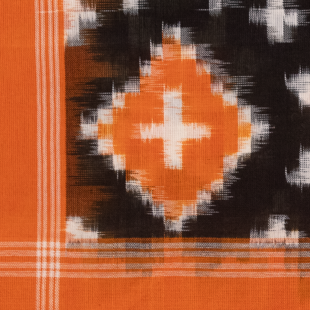 Jet Black & Tangerine Orange Geometric Pasapalli Sambalpuri Double Ikat Cotton Dupatta