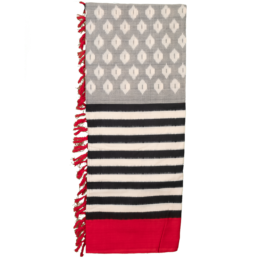 Crimson Red & Steel Grey Geometric Pochampally Single Ikat Cotton Dupatta