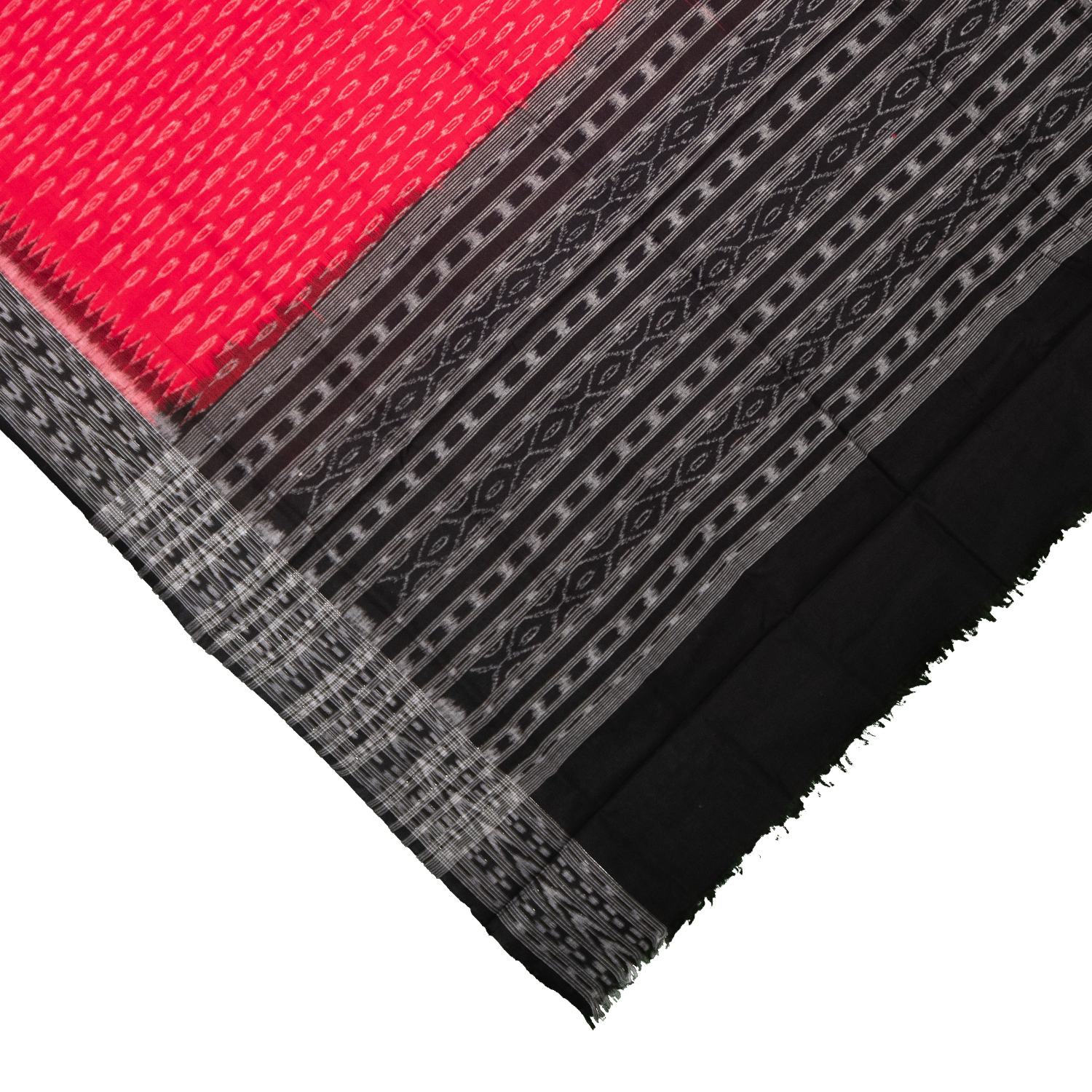 Crimson Red & Coal Black Traditional Sambalpuri Single Ikat Cotton Dupatta