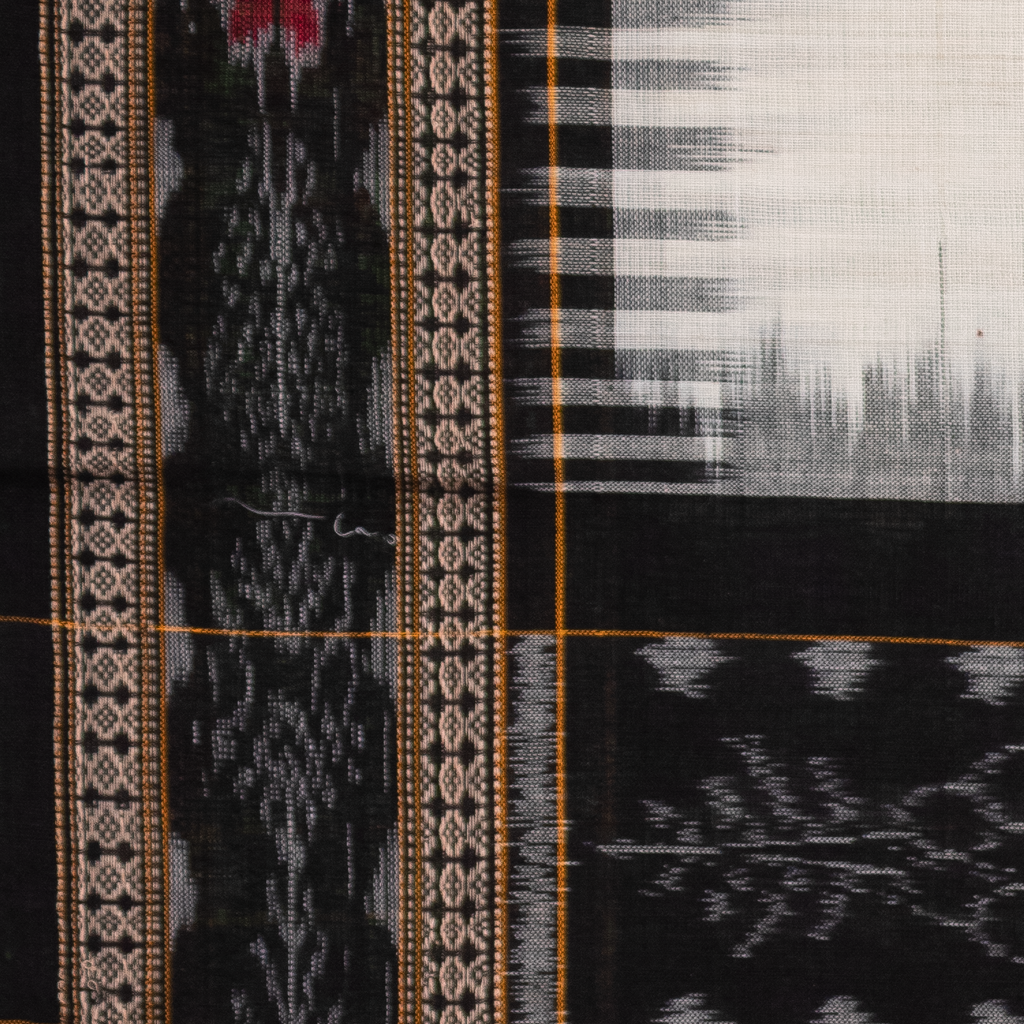 Ivory White & Jet Black Floral Geometric Sambalpuri Single Ikat Cotton Dupatta