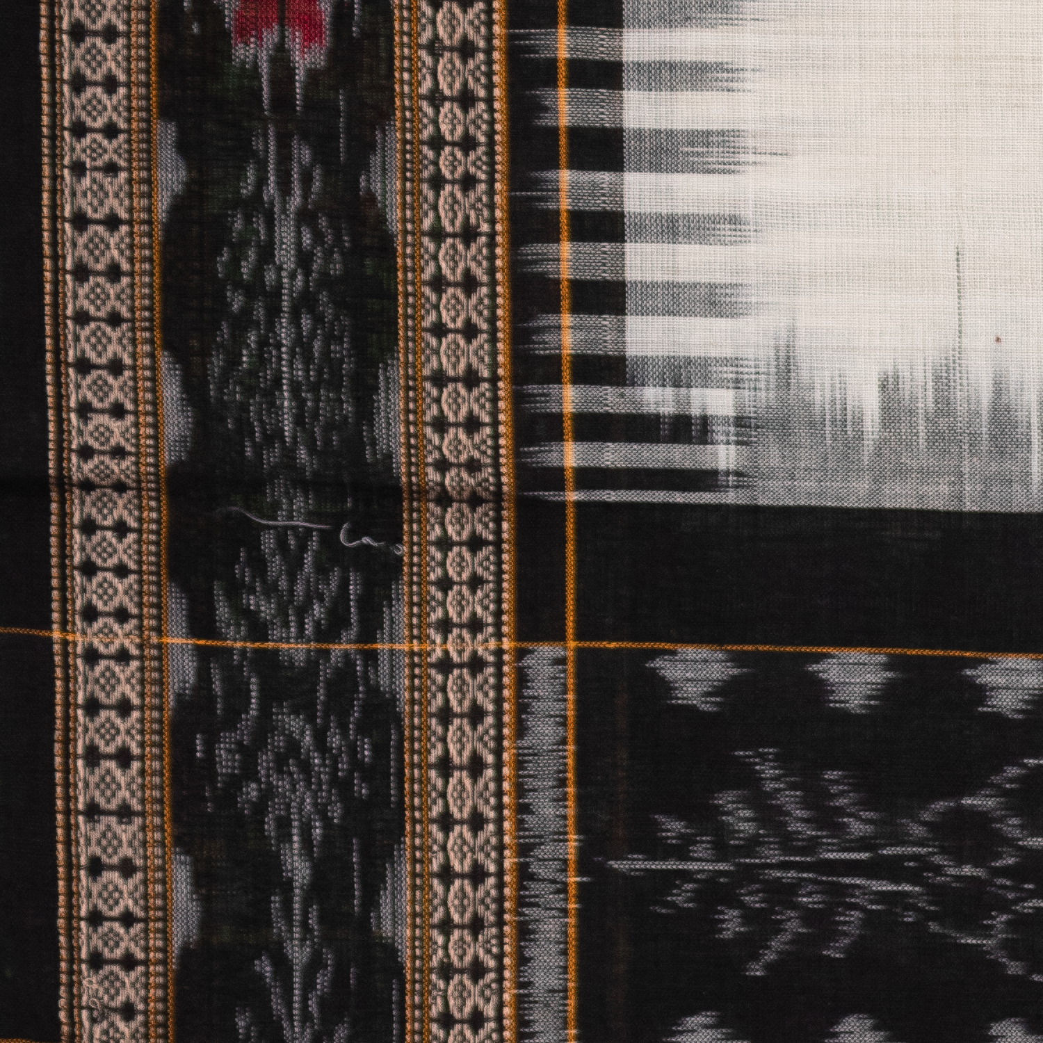 Ivory White & Jet Black Floral Geometric Sambalpuri Single Ikat Cotton Dupatta