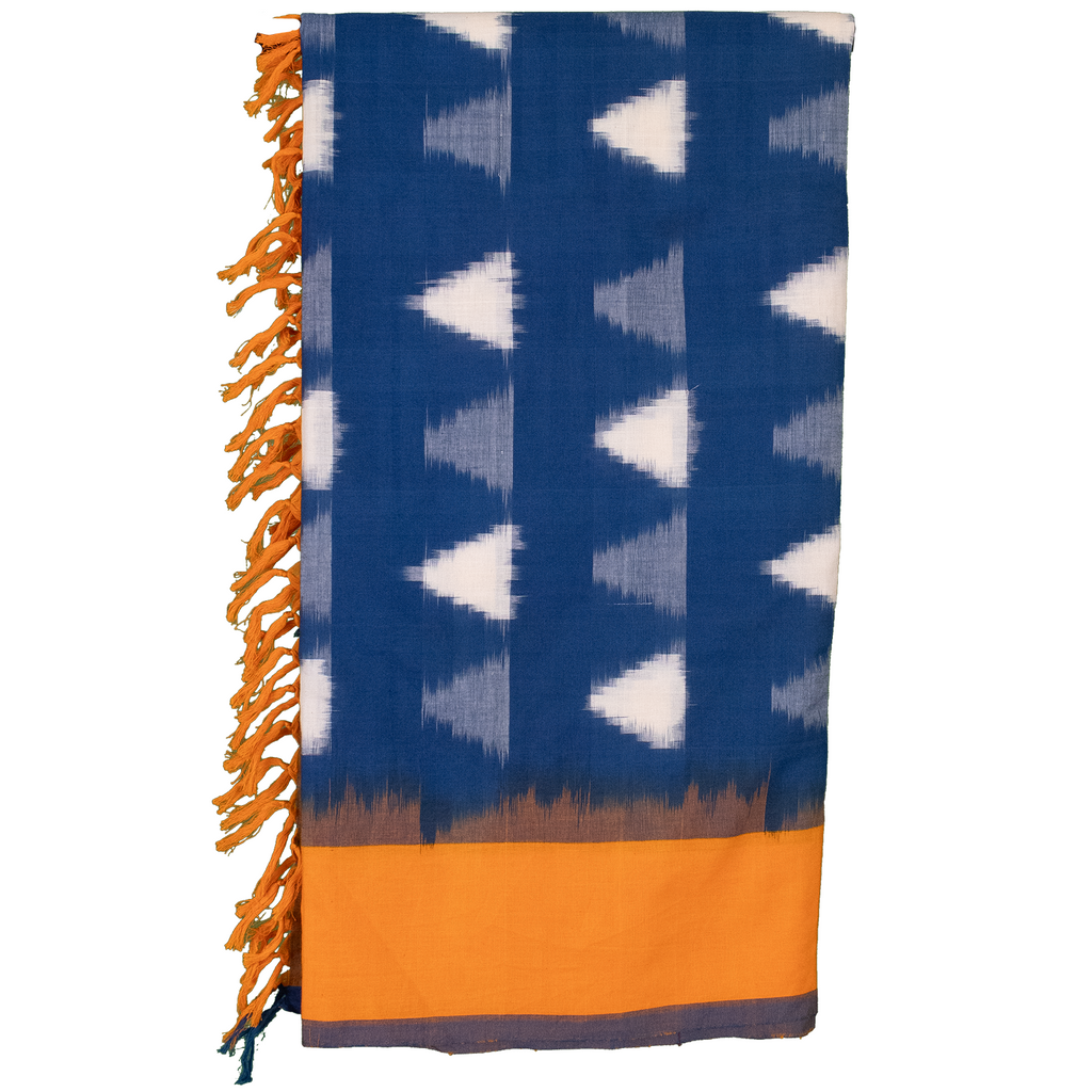 Ethnica Handloom Blue Ikat Triangle Cotton Shawl with Orange Border