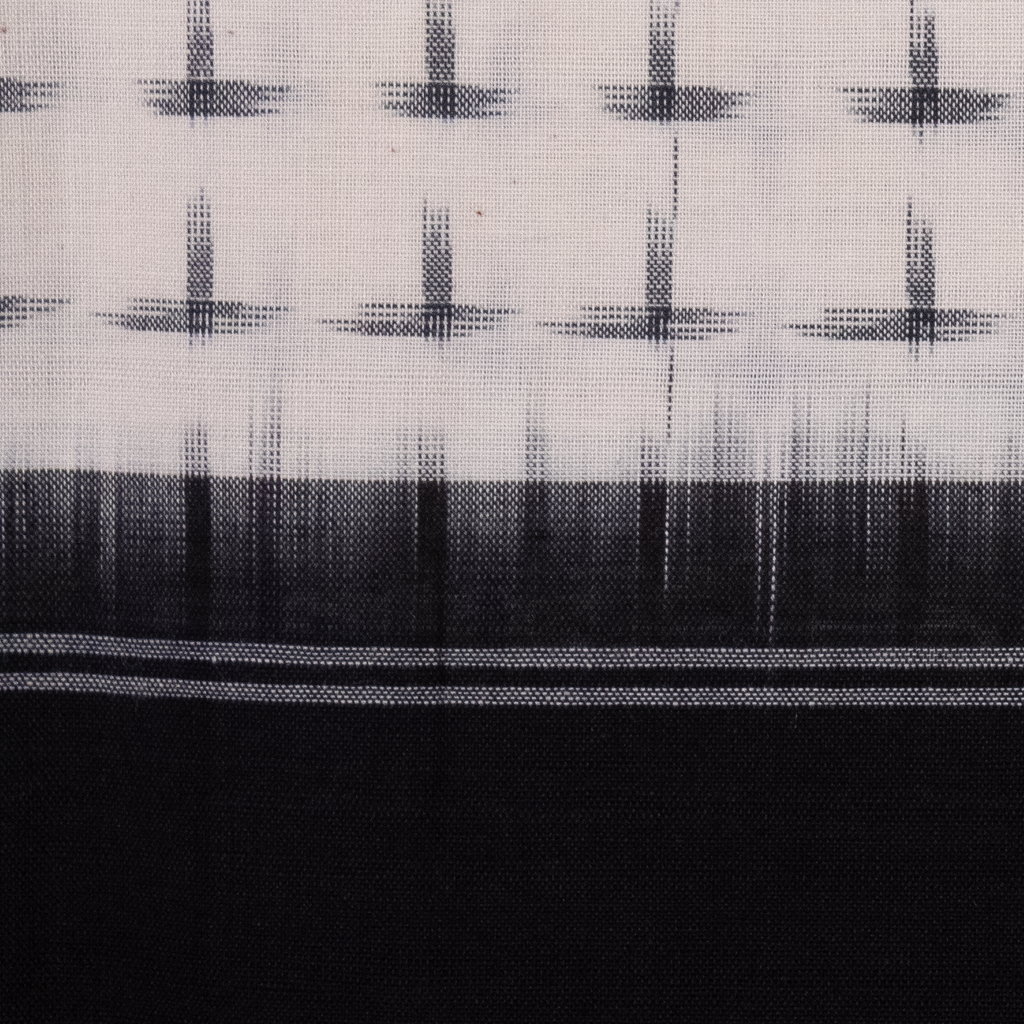 Ivory White & Jet Black Geometric Cross Sambalpuri Single Ikat Cotton Dupatta