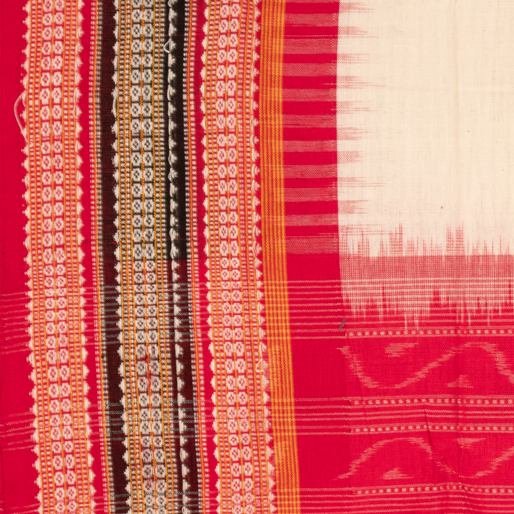 Ivory & Crimson Red Geometric Sambalpuri Single Ikat Cotton Dupatta
