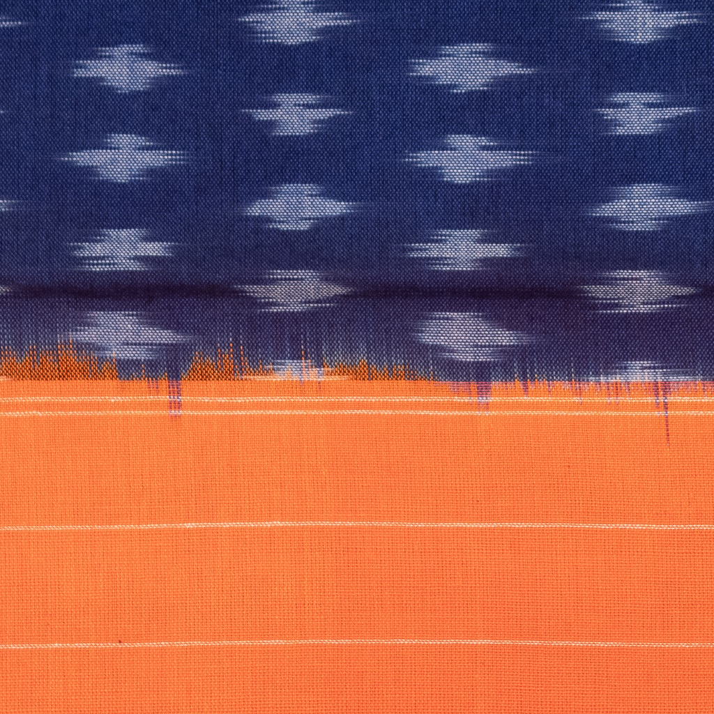 Navy Blue & Bright Orange Geometric Pochampally Single Ikat Cotton Dupatta