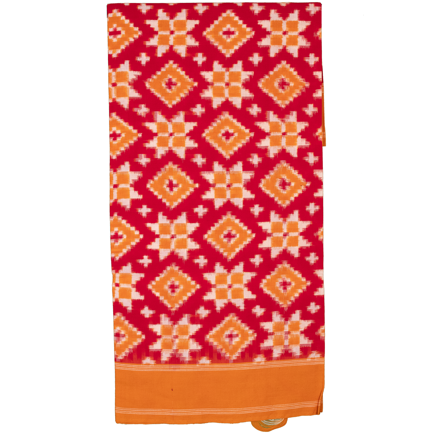 Crimson Red & Golden Orange Geometric Pochampally Double Ikat Cotton Dupatta
