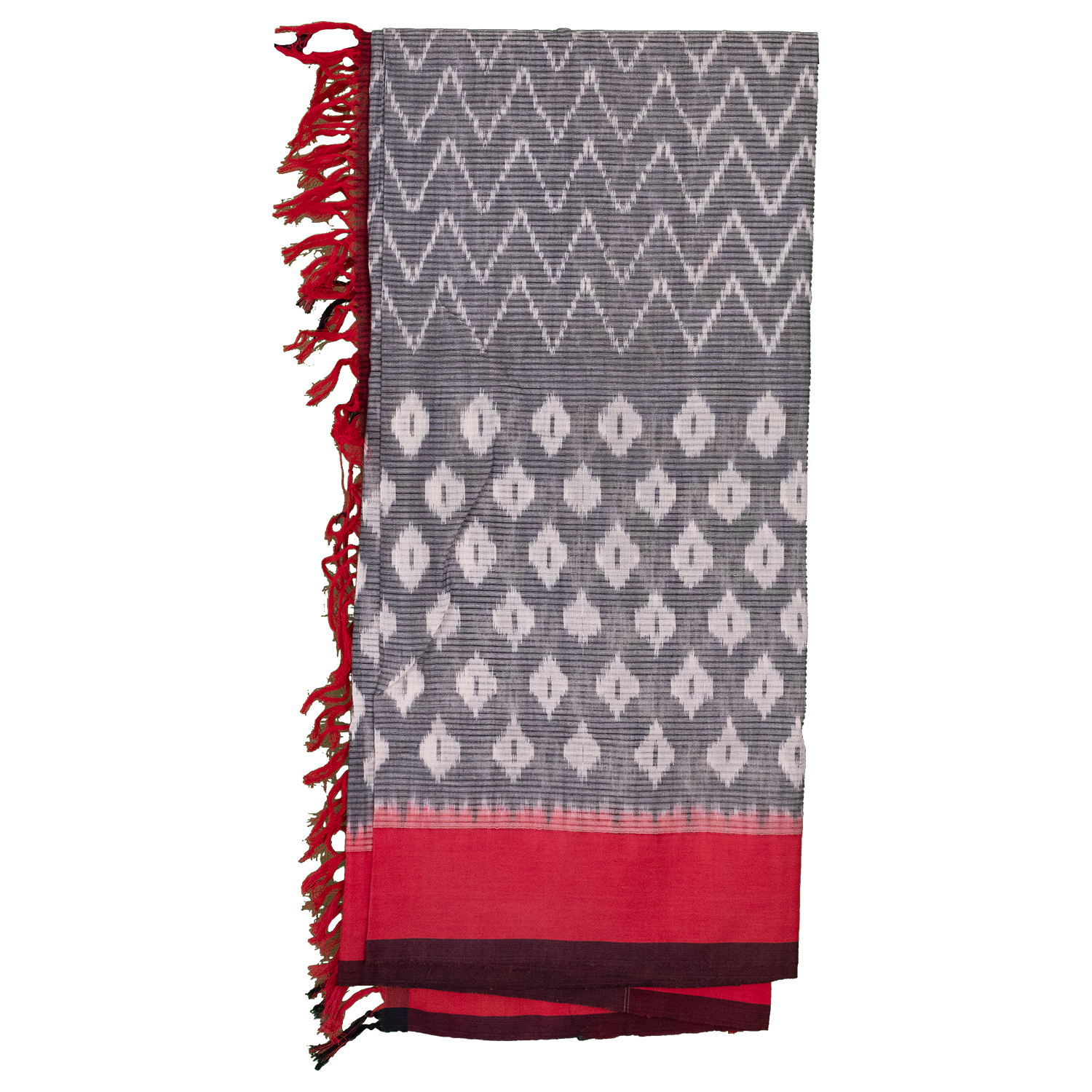 Ethnica Handloom Red & Grey Ikat Cotton Dupatta with Tassels