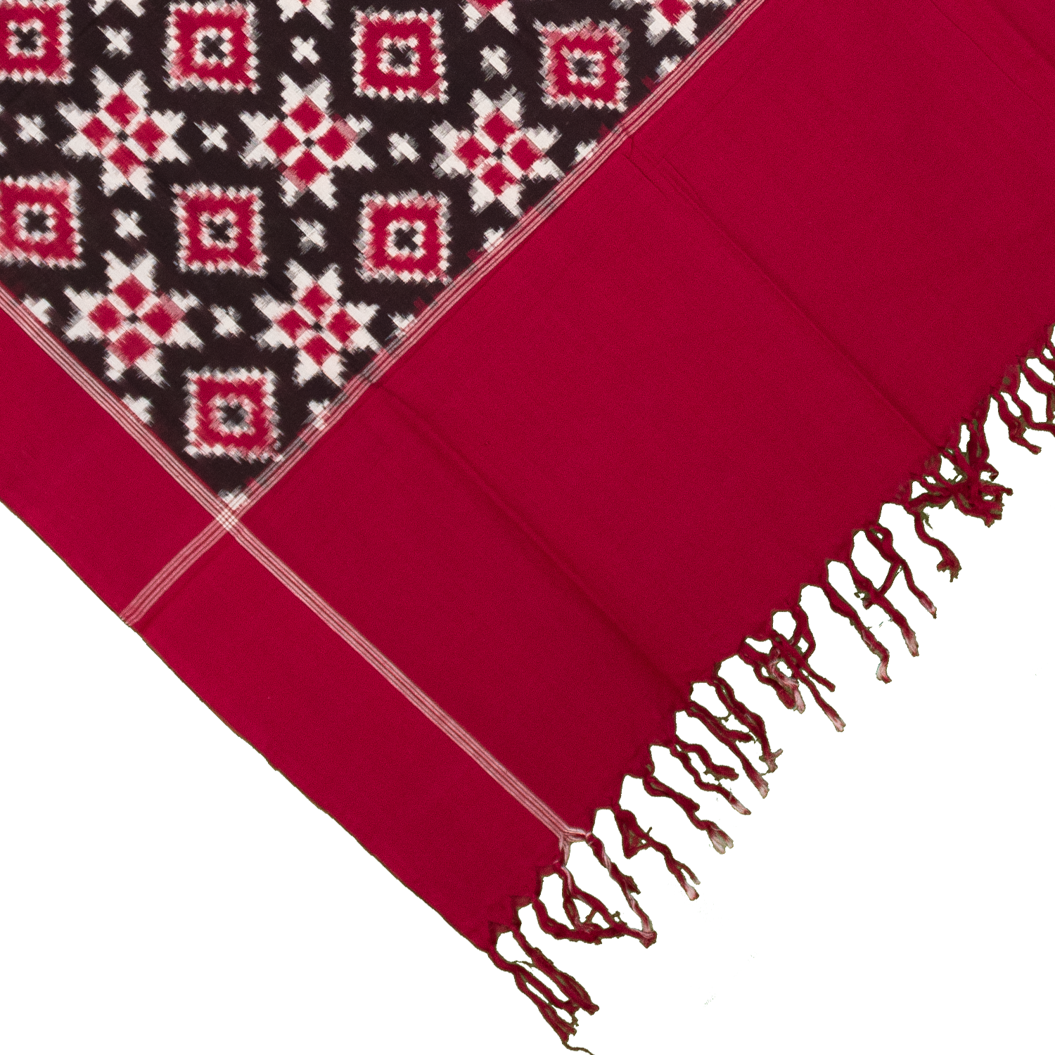 Crimson Red & Charcoal Black Geometric Telia Rumal Double Ikat Cotton Dupatta