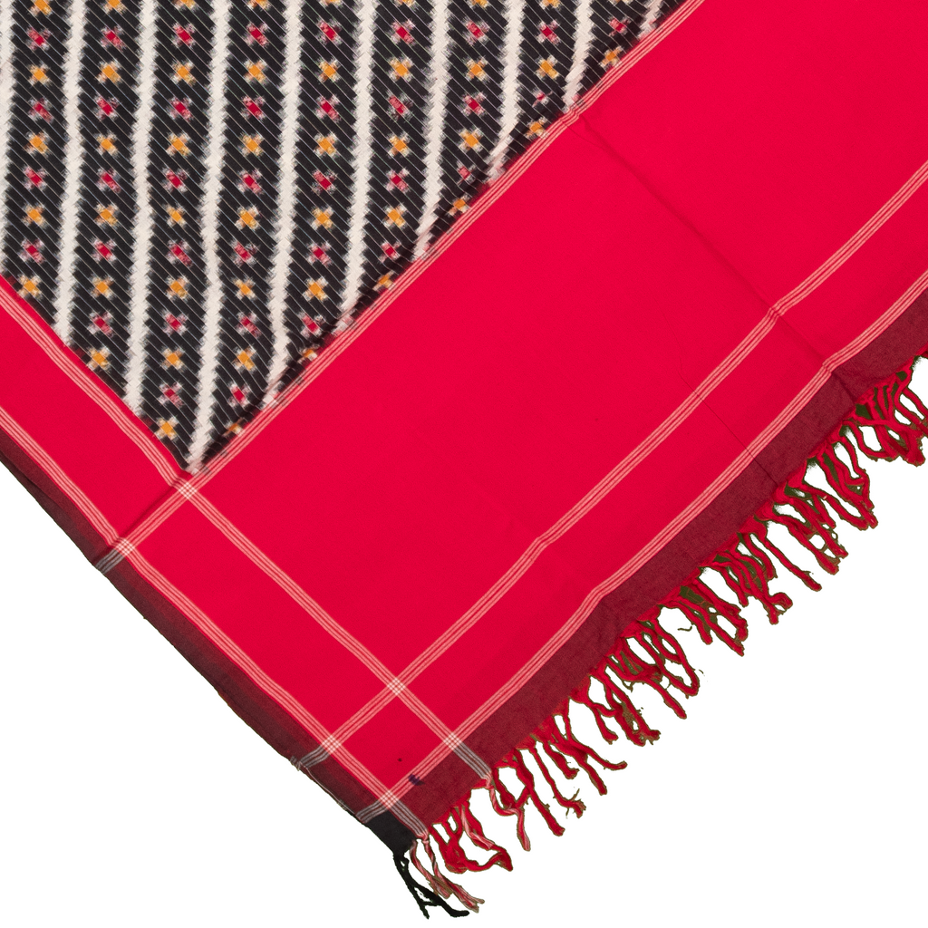 Jet Black & Crimson Red Diagonal Striped Sambalpuri Single Ikat Cotton Dupatta