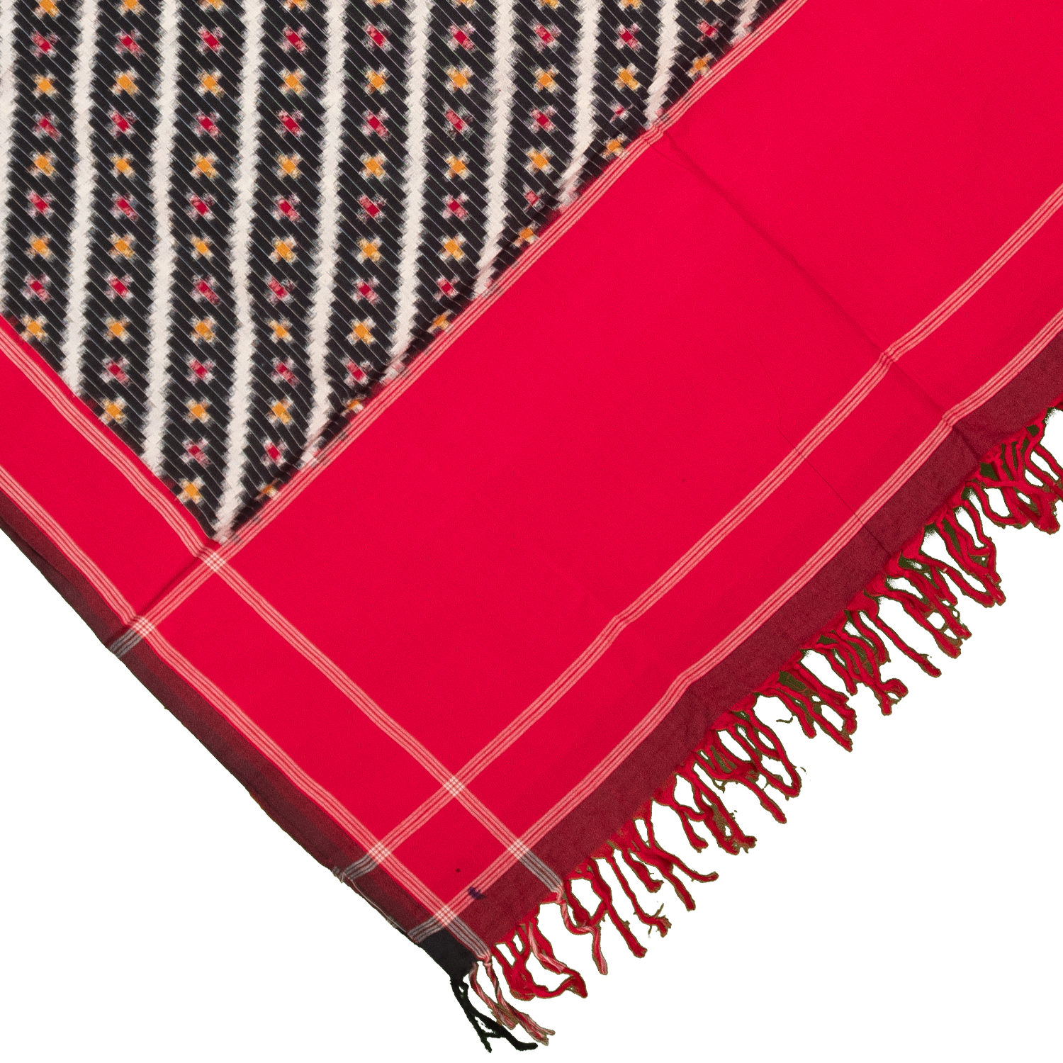 Jet Black & Crimson Red Diagonal Striped Sambalpuri Single Ikat Cotton Dupatta
