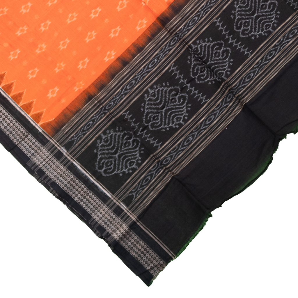 Saffron Orange & Jet Black Traditional Sambalpuri Single Ikat Cotton Dupatta