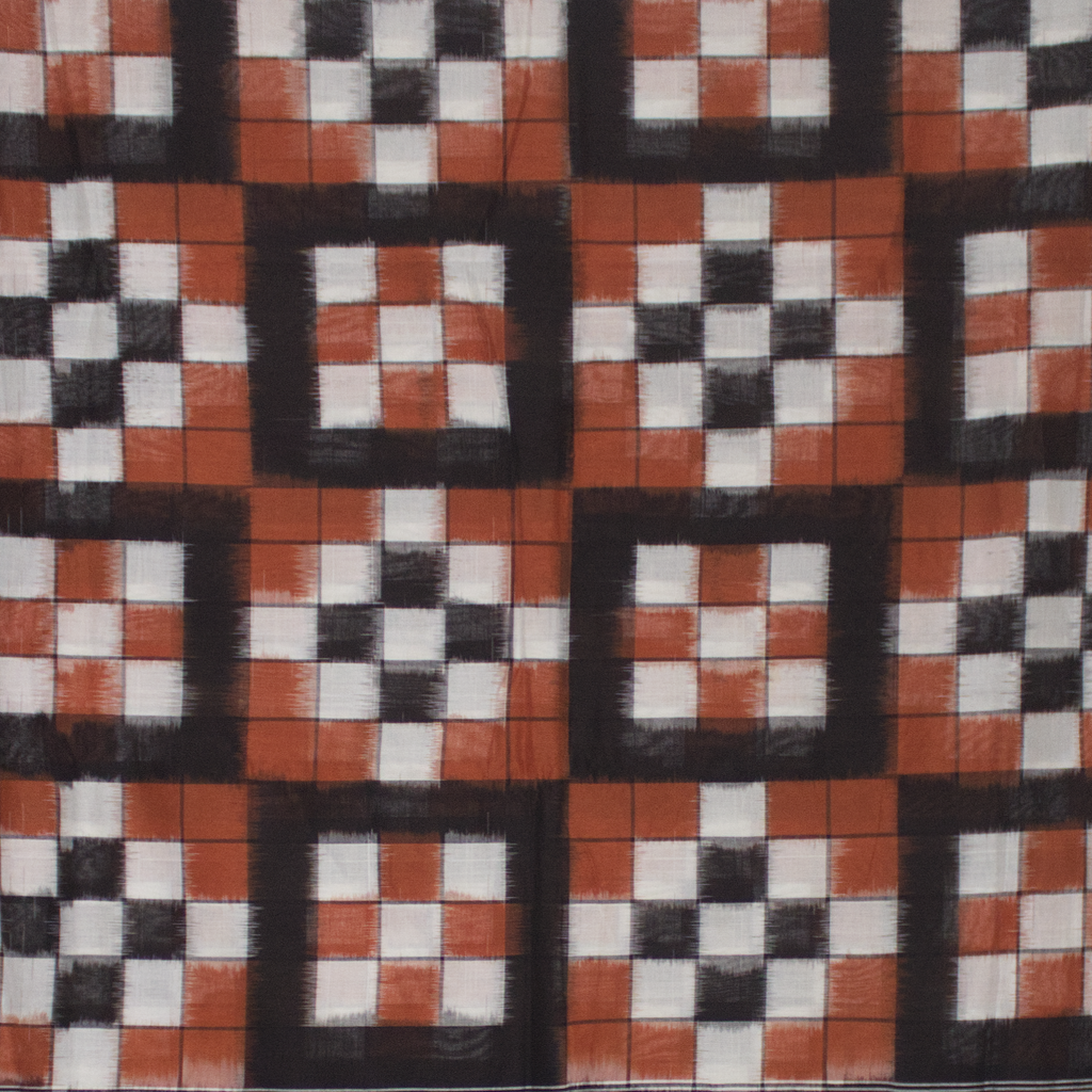 Ethnica Handwoven Ikat Checkered Cotton Saree - Black & Rust